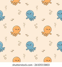 Squid cartoon so cute. On coral bubbles wave green fish background. Pattern seamless vector illustration. 