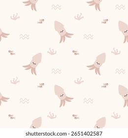 Squid cartoon so cute. On coral fish wave background. Pattern seamless vector illustration. 