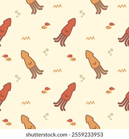 Squid cartoon so cute. On fish bubbles background. Pattern seamless vector illustration. 