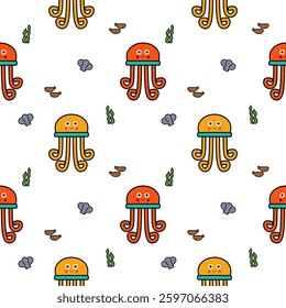 Squid cartoon so cute. On seaweed fish shell white background. Pattern seamless vector illustration. 