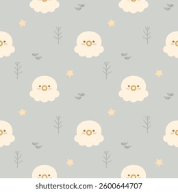 Squid cartoon so cute. On seaweed fish starfish background. Pattern seamless vector illustration. 