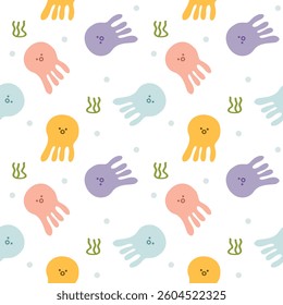 Squid cartoon so cute. On seaweed polka dots white background. Pattern seamless vector illustration. 