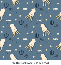 Calamar dibujos animados tan lindo. Sobre fondo azul de algas de pez estrella. Patrón de Ilustración vectorial sin fisuras. 