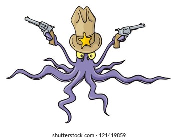 Squid cartoon with guns and Stetson hat with sheriff star.
