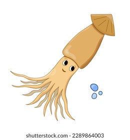Squid cartoon vector illustration with air bubble. Isolated Calamary Ocean animal. Marine theme. Elements for icon, cover, print, book illustration, poster, card, web element, card for children.