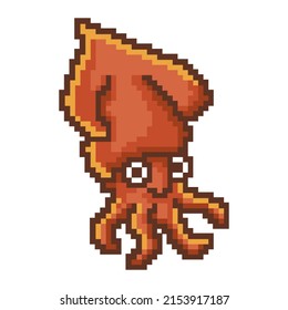 Squid Cartoon Vector Pixel Style. Seafood Mascot Logo