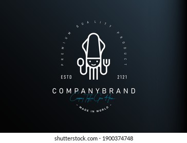 Squid chef logo design inspiration. Vector illustration of a squid holding a fork and spoon. Modern vintage icon design template with line art style.