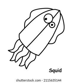 squid children book illustration, trace and coloring vector world wild animal