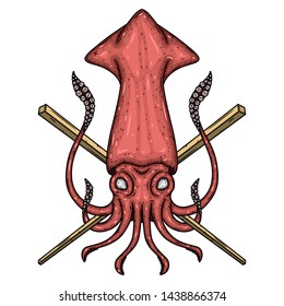 Squid with chopsticks. Isolated on white background
