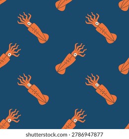 Squid Colorful Seamless Pattern. Cartoon Calamari Background with sparse underwater animal elements. Deep Blue Sea creature. Mediterranean food vector illustration