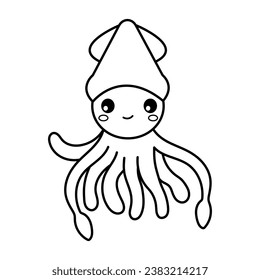 Squid. Coloring page, coloring book page. Black and white vector illustration.