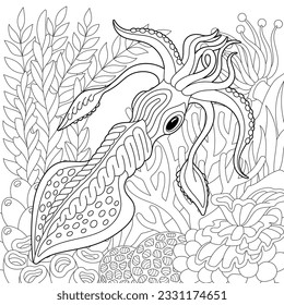 Squid coloring page. Outline sea design in mandala and zentangle style