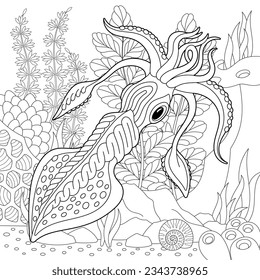 Squid coloring page. Underwater colouring design.