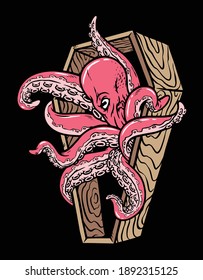 Squid comes out of the coffin illustration
