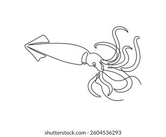 Squid in continuous line art drawing style. Animal minimalist black linear sketch isolated on white background. Vector illustration	