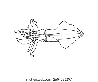 Squid in continuous line art drawing style. Animal minimalist black linear sketch isolated on white background. Vector illustration	