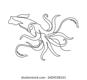 Squid in continuous line art drawing style. Animal minimalist black linear sketch isolated on white background. Vector illustration	