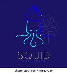 Squid and Coral logo icon outline stroke set dash line design illustration blue and yellow color isolated on dark blue background with Squid text and copy space, vector eps10