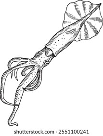 A squid is drawn in black and white