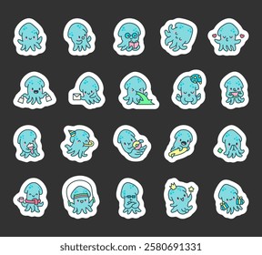 Squid emotions set featuring cute kawaii cartoon characters in various poses with accessories, fantasy elements, festive decorations, playful activities, and charming illustrations