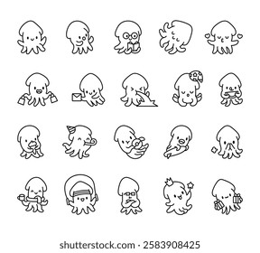 Squid emotions set featuring cute kawaii cartoon characters in various poses with accessories, fantasy elements, festive decorations, playful activities, and charming illustrations