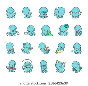 Squid emotions set featuring cute kawaii cartoon characters in various poses with accessories, fantasy elements, festive decorations, playful activities, and charming illustrations