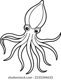 Squid fish outline vector art and line art silhouette hand drawn illustration design. Squid hand drawn outline doodle icon. Ocean fish and sea life outline wallpaper.