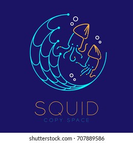 Squid, Fishing net circle shape and Air bubble logo icon outline stroke set dash line design illustration isolated on dark blue background with Squid text and copy space