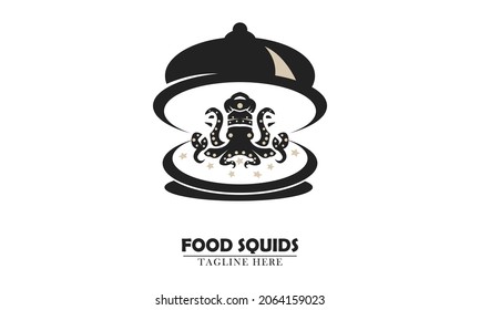 squid in food lid logo icon element. suitable for sea restaurant. vector flat abstract design.