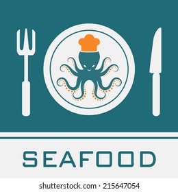 Squid, Fork, Knife, Dish icon, restaurant sign