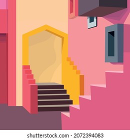 Squid Game stairs. Abstract Architecture. Vector Illustration of Stairs Pink. Trendy design for greeting cards, invitations, posters and wall art.