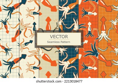Squid with grid lines vintage vector pattern seamless repeat background design