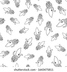 Squid hand drawn outline doodle vector illustration. Seamless pattern with seafood colored style. Coloring book for children. Squids for print cup, textile, wallpaper, banner, fabric, web, scrapbook