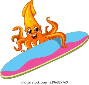 Squid holding a surfboard on white background illustration