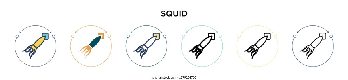 Squid icon in filled, thin line, outline and stroke style. Vector illustration of two colored and black squid vector icons designs can be used for mobile, ui, web