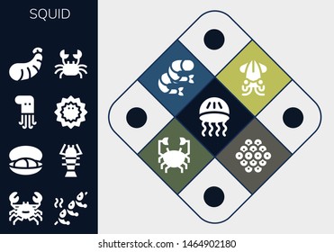 squid icon set. 13 filled squid icons.  Simple modern icons about  - Jellyfish, Crab, Shrimp, Mussel, Lobster, Octopus, Sea urchin, Squid, Caviar
