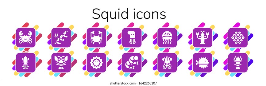 conjunto de iconos de calamar. 14 iconos de calamar rellenos.  Iconos modernos sencillos, como: Cangrejo, calamar, camarón, langosta, erizo de mar, pulpo, medusas, pez globo, caviar
