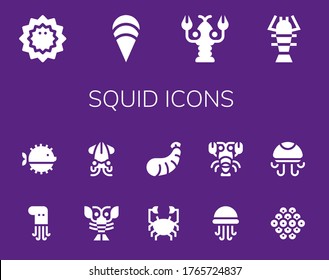 Tintenfisch-Symbol-Set. 14 gefüllte Tintenfisch-Symbole.  Einfache, moderne Symbole wie: Seeigel, Klam, Hummer, Tintenfisch, Pufffisch, Kalmare, Krabben, Garnelen, Quallen, Kaviar