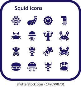 squid icon set. 16 filled squid icons.  Simple modern icons about  - Caviar, Shrimp, Sea urchin, Octopus, Crab, Jellyfish, Lobster, Squid, Mussel