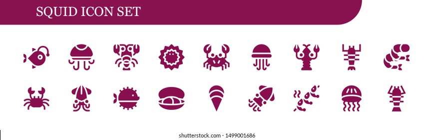 squid icon set. 18 filled squid icons.  Simple modern icons about  - Anglerfish, Jellyfish, Lobster, Sea urchin, Crab, Shrimp, Squid, Puffer fish, Mussel, Clam