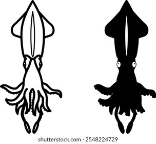 Squid Icons. Black and White Vector Illustrations. Mollusk. Squid with Tentacles and Suckers. Aquatic Animals Concept