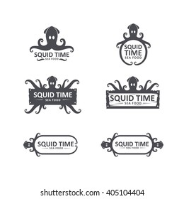 Squid Icons Set, Squid Logo Design, Squid Seafood Label