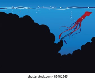 Squid Ink A Red Squid Leaves A Cloud Of Ink With Room For Your Message. EPS 8 Vector. Grouped For Easy Editing.