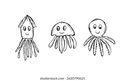 Squid, jellyfish, octopus with smiling faces, cartoon hand-drawn sea creatures.