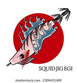 squid jig egi shrimp vector. fishing lure for sqiud. isolated with wave and white background.