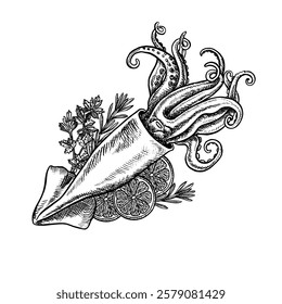 Squid with lemon and herbs. A hand-drawn vector graphic illustration. Black and white image of seafood. Separate from the background. Perfect for menus, recipe books, packages, labels, invitations.