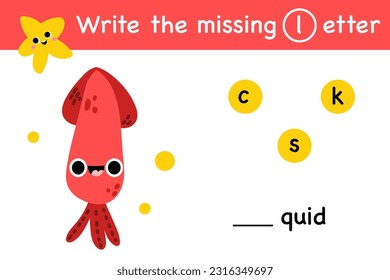 Squid letter alphabet match matching exercise game vector. Printable worksheet page write the missing lette activity playful character, fish, seashell, octopus, cute shark, starfish, crab