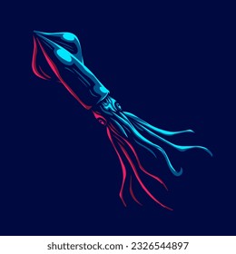 Squid logo with colorful neon line art design with dark background. Abstract underwater animal vector illustration.