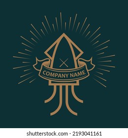 Diseño del logotipo del calamar. Insignia. Logotipos de época. Vector. Con palillos en el centro y círculos como luz solar. Adecuado para símbolos de negocios o logotipos como mariscos y otros