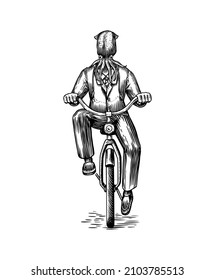 Squid man in a suit rides a bicycle. Octopus or Mollusca. Fashion animal character. Hand drawn woodcut outline sketch. Vector engraved illustration for logo and tattoo or T-shirts.